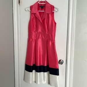 3/$20 Beautiful Coral coloured striped dress with removable navy shrug sweater.